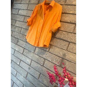 Lauren Ralph Lauren Petite Orange Button-Up Linen Shirt P/S Womens Casual Lightw